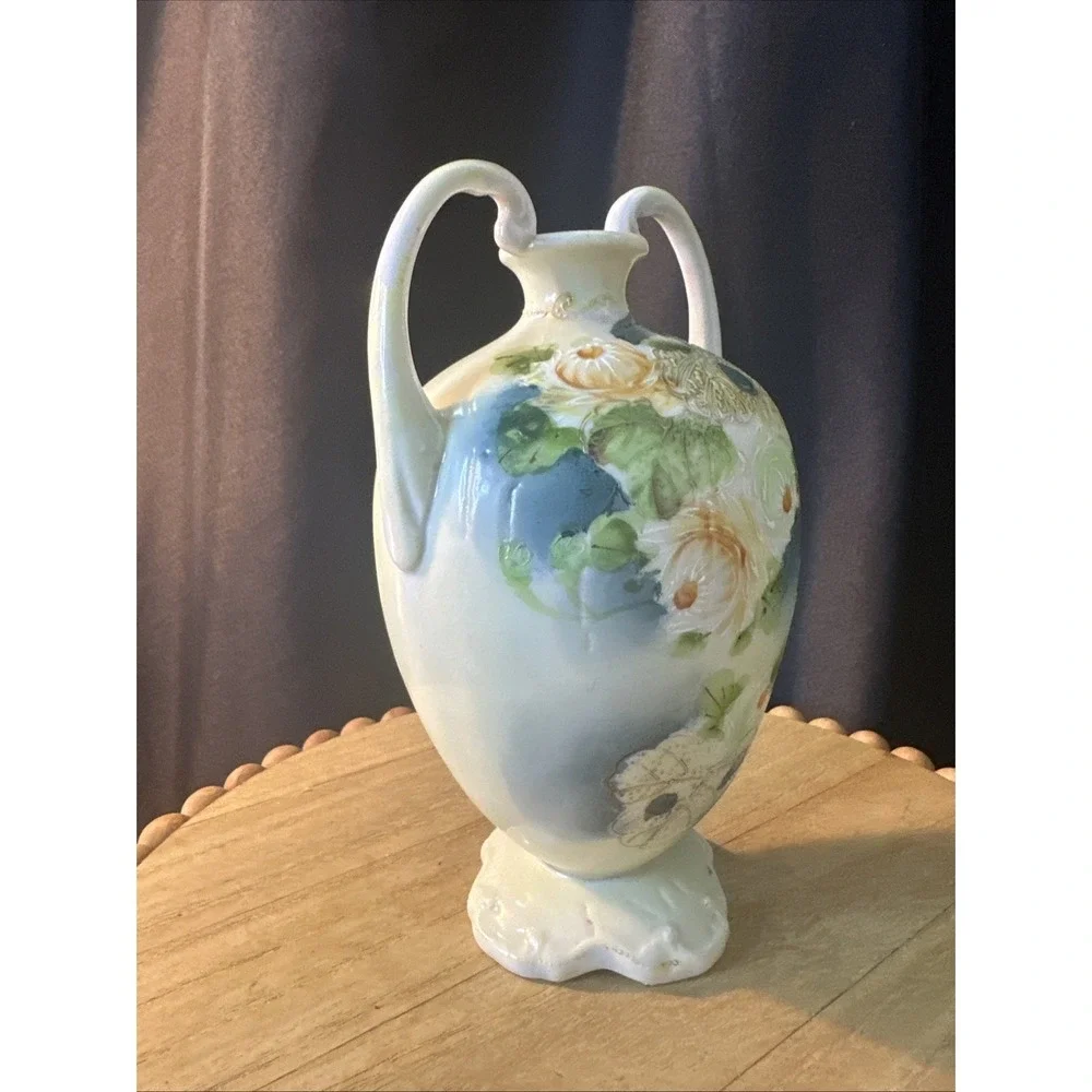 Nippon Double Handle Vase Blue Green yellow Flowers Antique